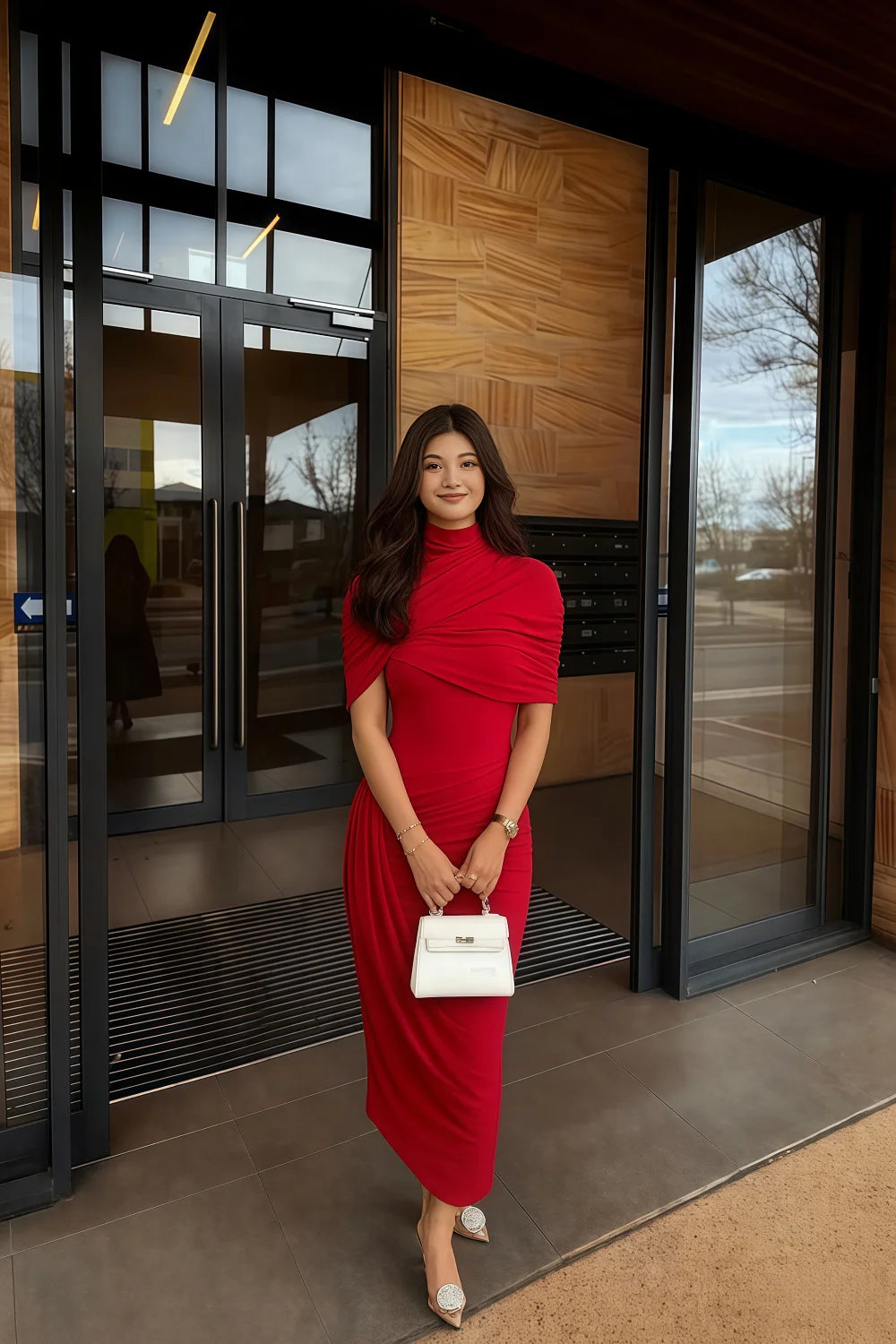 Holly Red Mermaid Twisted Cape Midi Dress