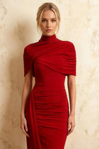 Holly Red Mermaid Twisted Cape Midi Dress
