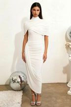 Holly White Mermaid Twisted Cape Midi Dress