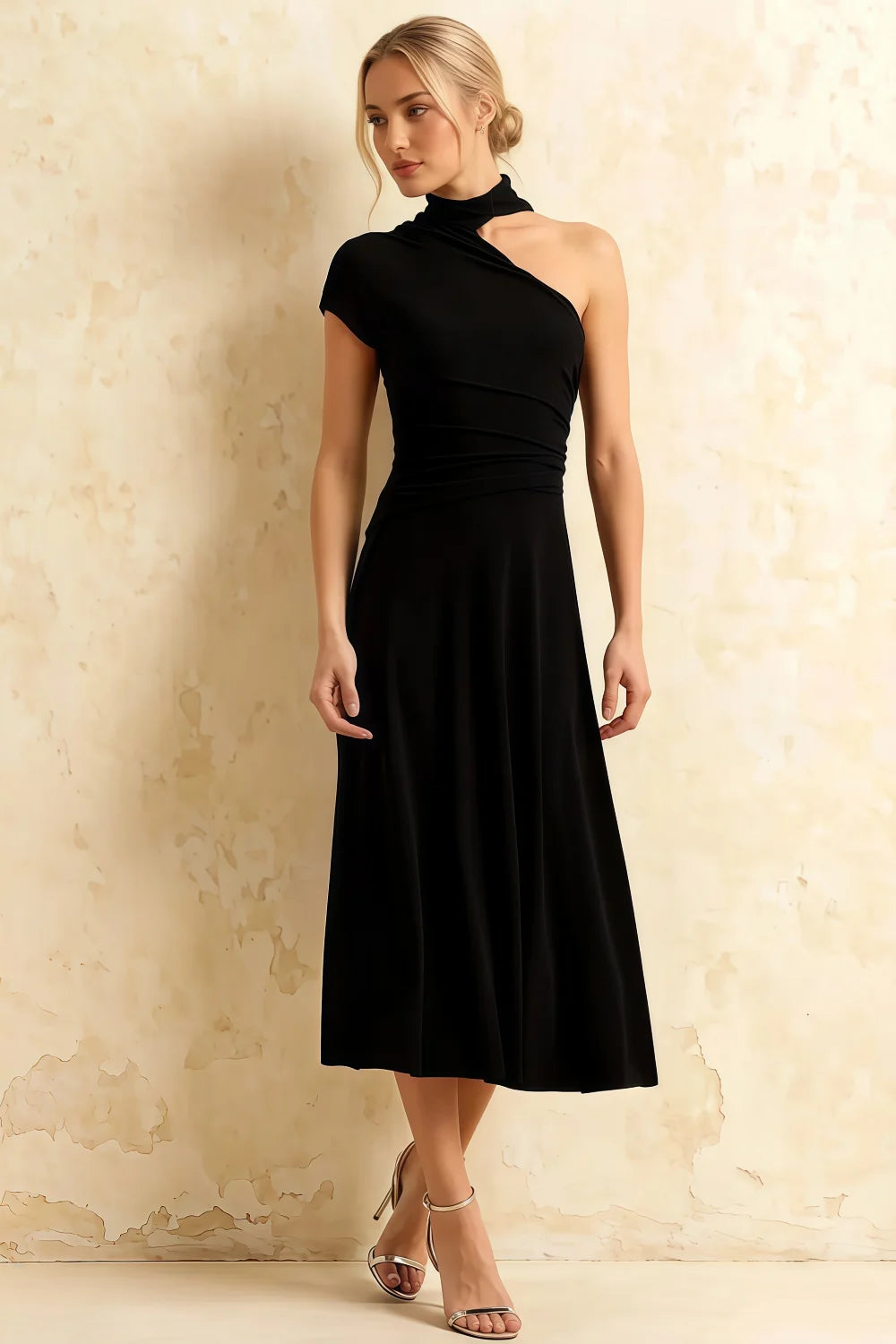 Ida Black Asymmetric Neck Midi Dress with Scarf Detail Main image