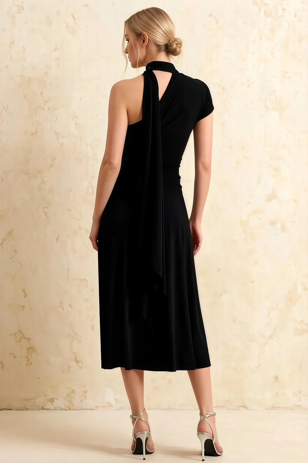 Ida Black Asymmetric Neck Midi Dress with Scarf Detail