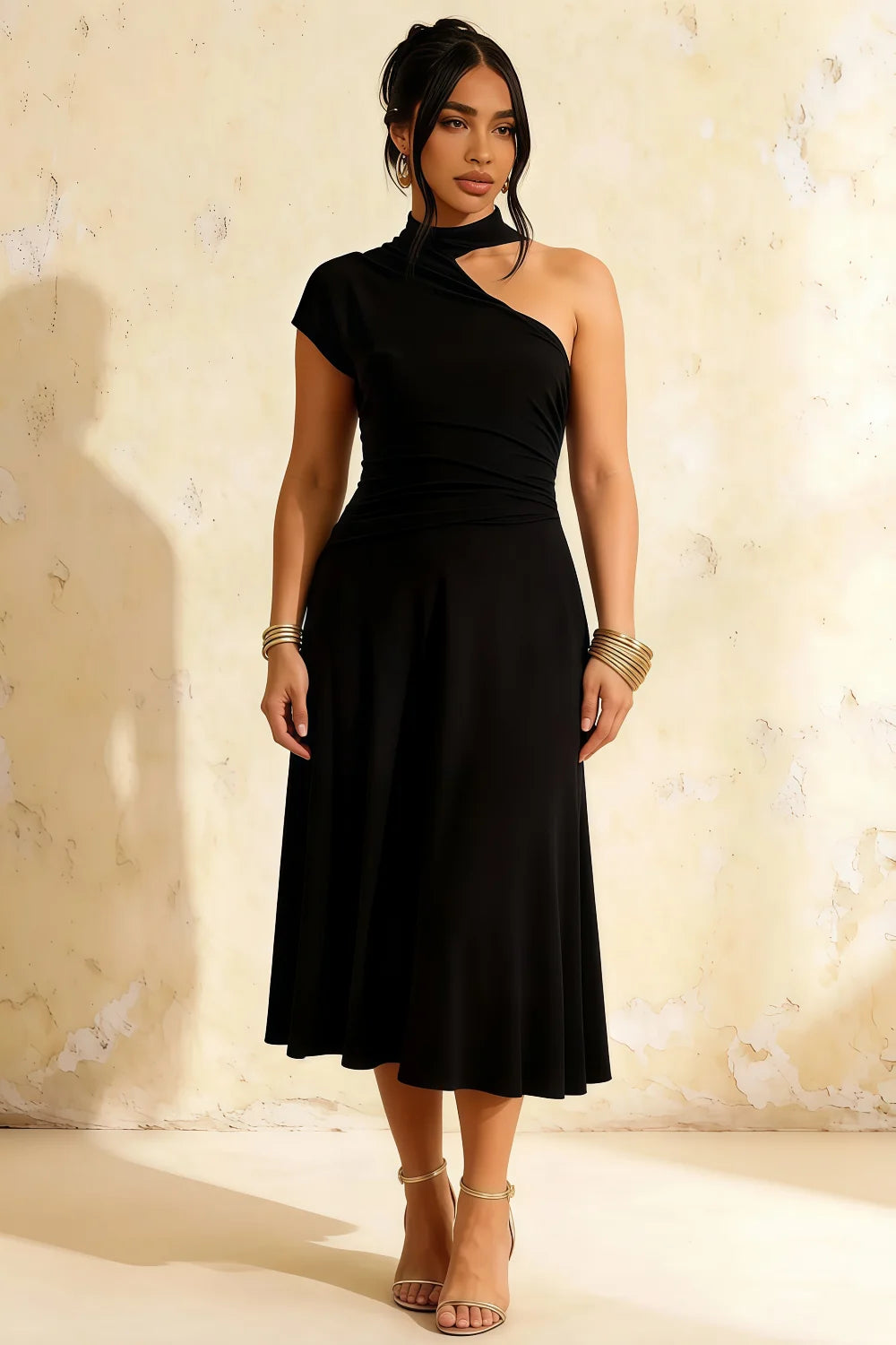 Ida Black Asymmetric Neck Midi Dress with Scarf Detail