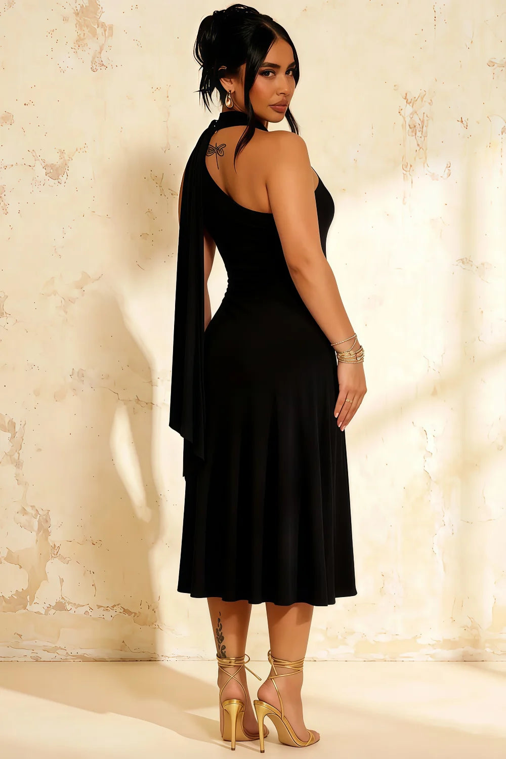 Ida Black Asymmetric Neck Midi Dress with Scarf Detail