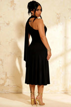 Ida Black Asymmetric Neck Midi Dress with Scarf Detail