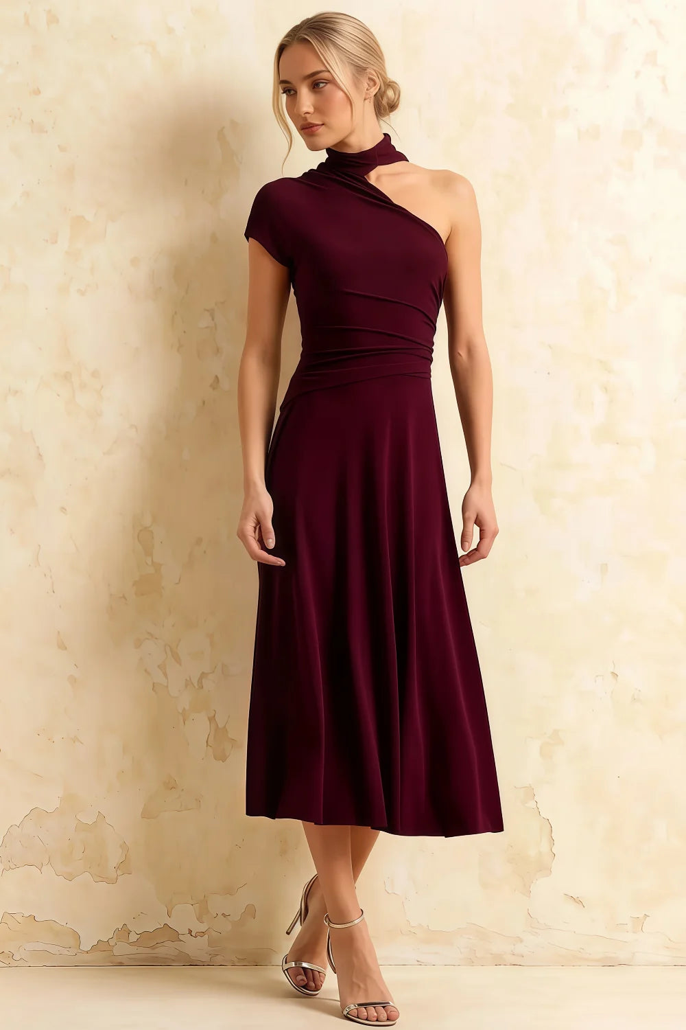 Ida Burgundy Asymmetric Neck Midi Dress with Scarf Detail Main image