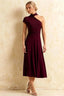Ida Burgundy Asymmetric Neck Midi Dress with Scarf Detail