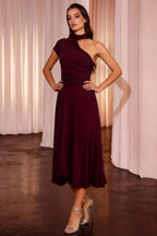 Ida Burgundy Asymmetric Neck Midi Dress with Scarf Detail