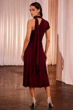 Ida Burgundy Asymmetric Neck Midi Dress with Scarf Detail
