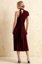 Ida Burgundy Asymmetric Neck Midi Dress with Scarf Detail
