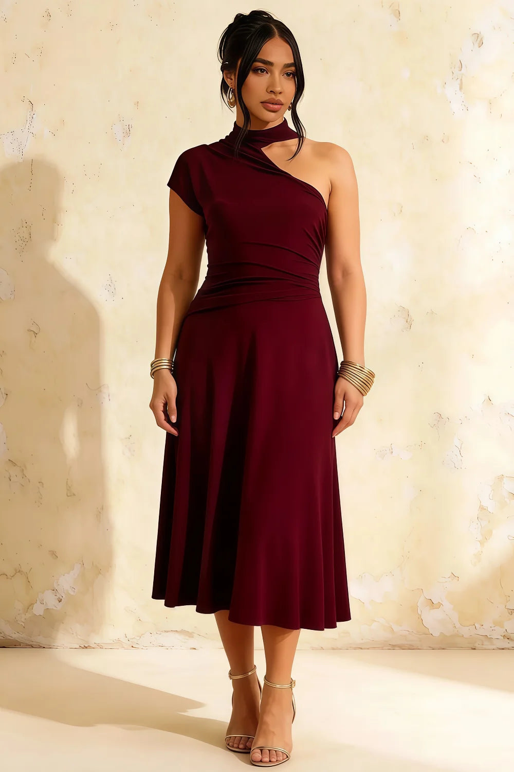 Ida Burgundy Asymmetric Neck Midi Dress with Scarf Detail