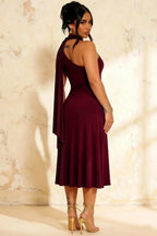 Ida Burgundy Asymmetric Neck Midi Dress with Scarf Detail