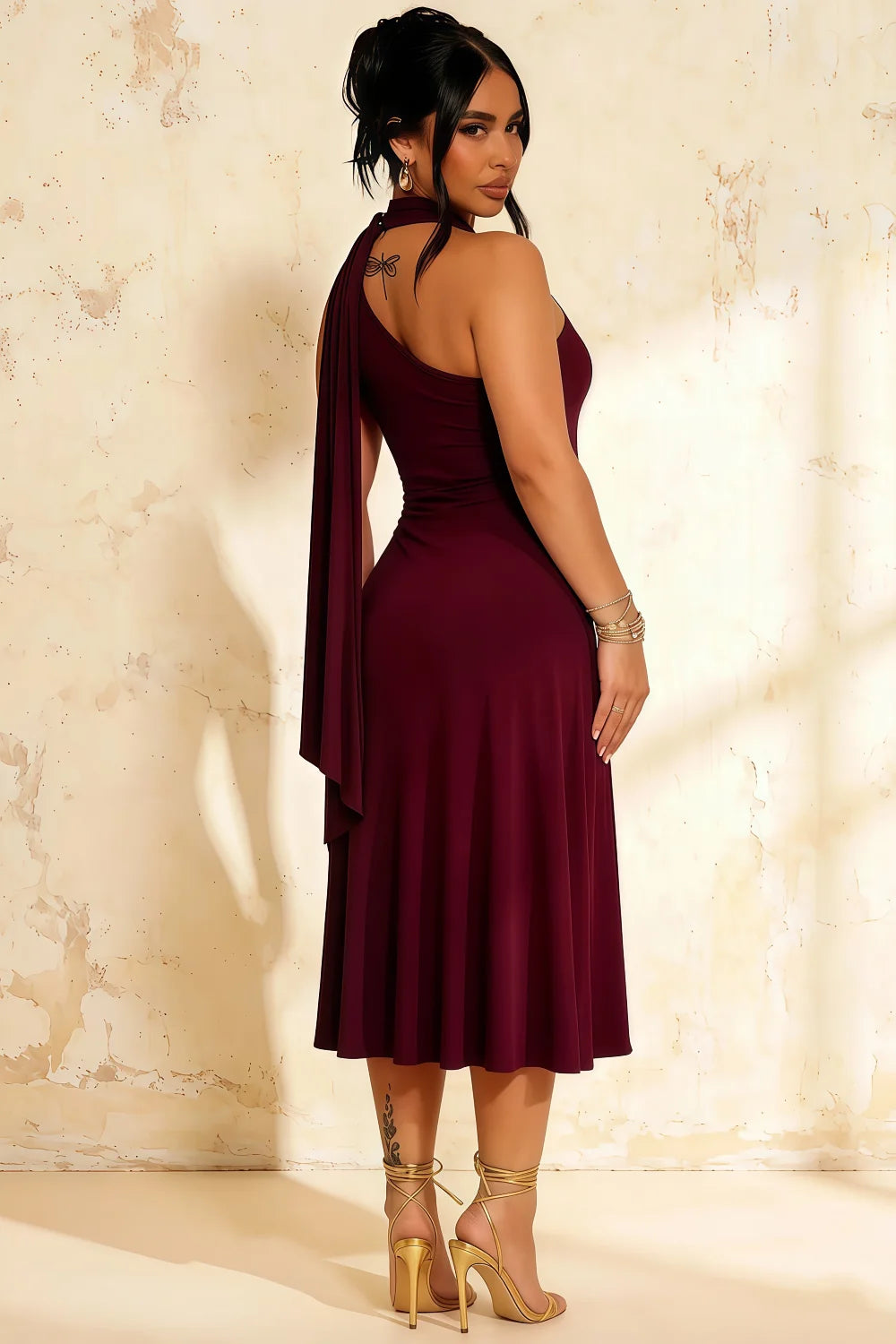 Ida Burgundy Asymmetric Neck Midi Dress with Scarf Detail