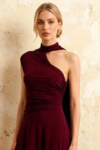 Ida Burgundy Asymmetric Neck Midi Dress with Scarf Detail