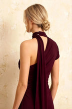 Ida Burgundy Asymmetric Neck Midi Dress with Scarf Detail