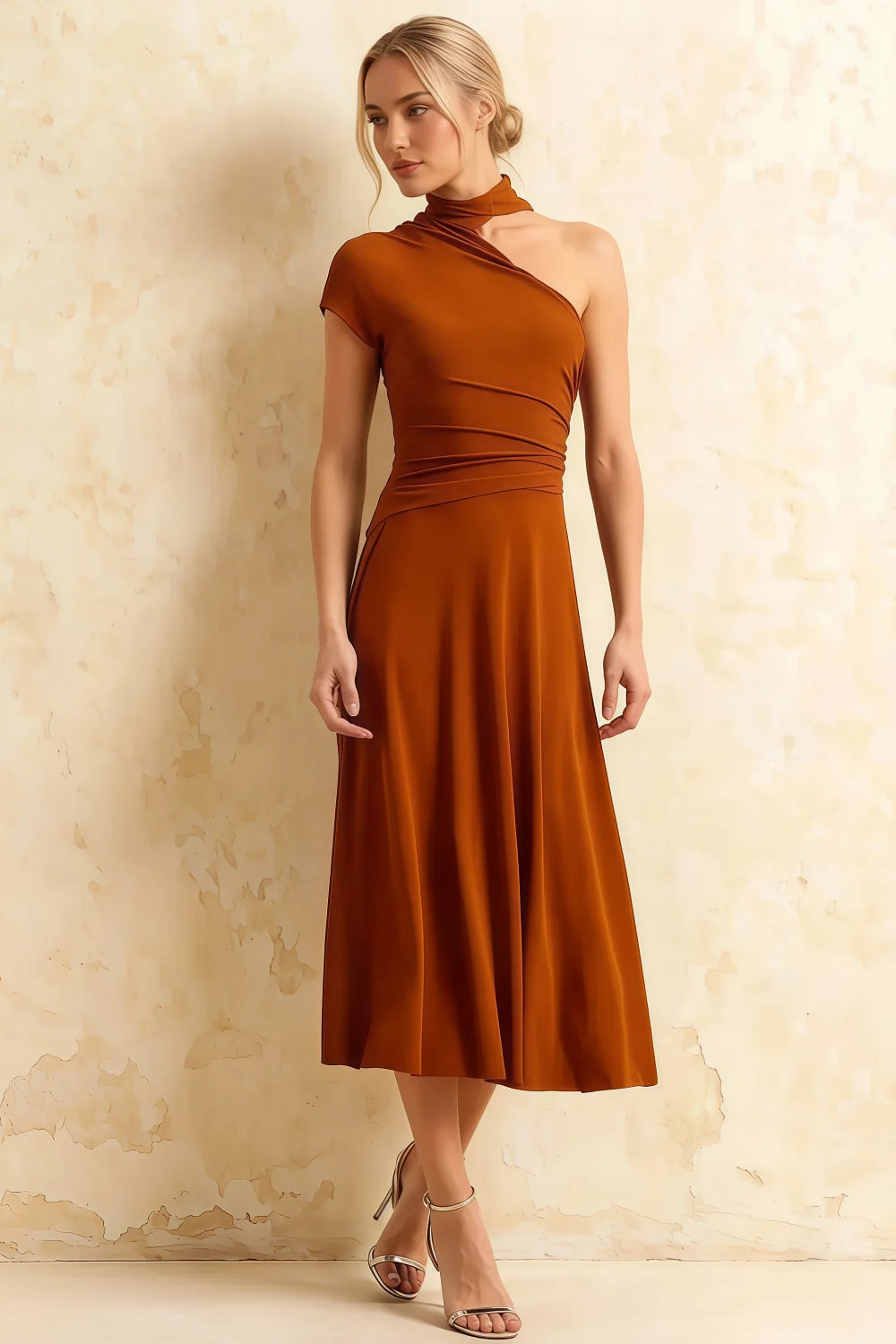 Ida Burnt Orange Asymmetric Neck Midi Dress with Scarf Detail