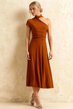 Ida Burnt Orange Asymmetric Neck Midi Dress with Scarf Detail
