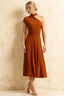 Ida Burnt Orange Asymmetric Neck Midi Dress with Scarf Detail