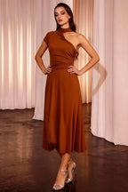 Ida Burnt Orange Asymmetric Neck Midi Dress with Scarf Detail