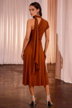 Ida Burnt Orange Asymmetric Neck Midi Dress with Scarf Detail