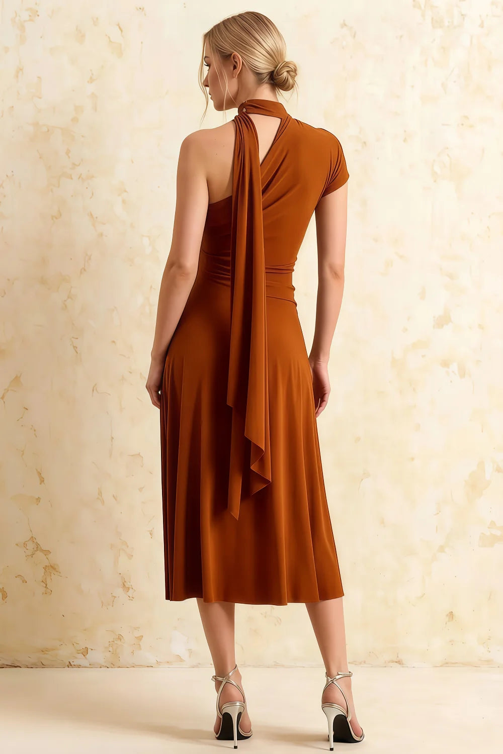 Ida Burnt Orange Asymmetric Neck Midi Dress with Scarf Detail