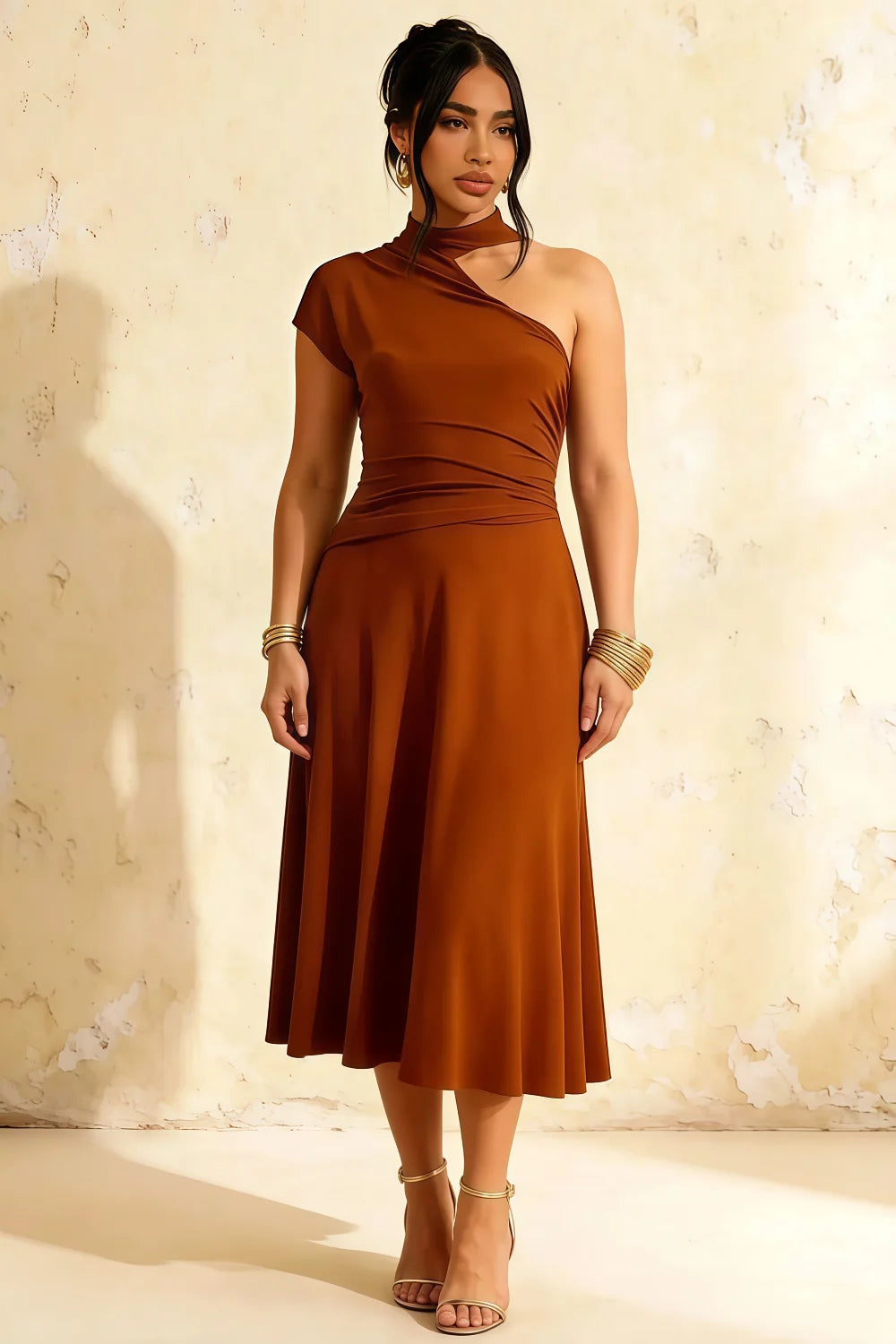 Ida Burnt Orange Asymmetric Neck Midi Dress with Scarf Detail