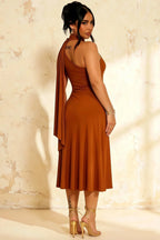 Ida Burnt Orange Asymmetric Neck Midi Dress with Scarf Detail