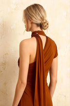 Ida Burnt Orange Asymmetric Neck Midi Dress with Scarf Detail