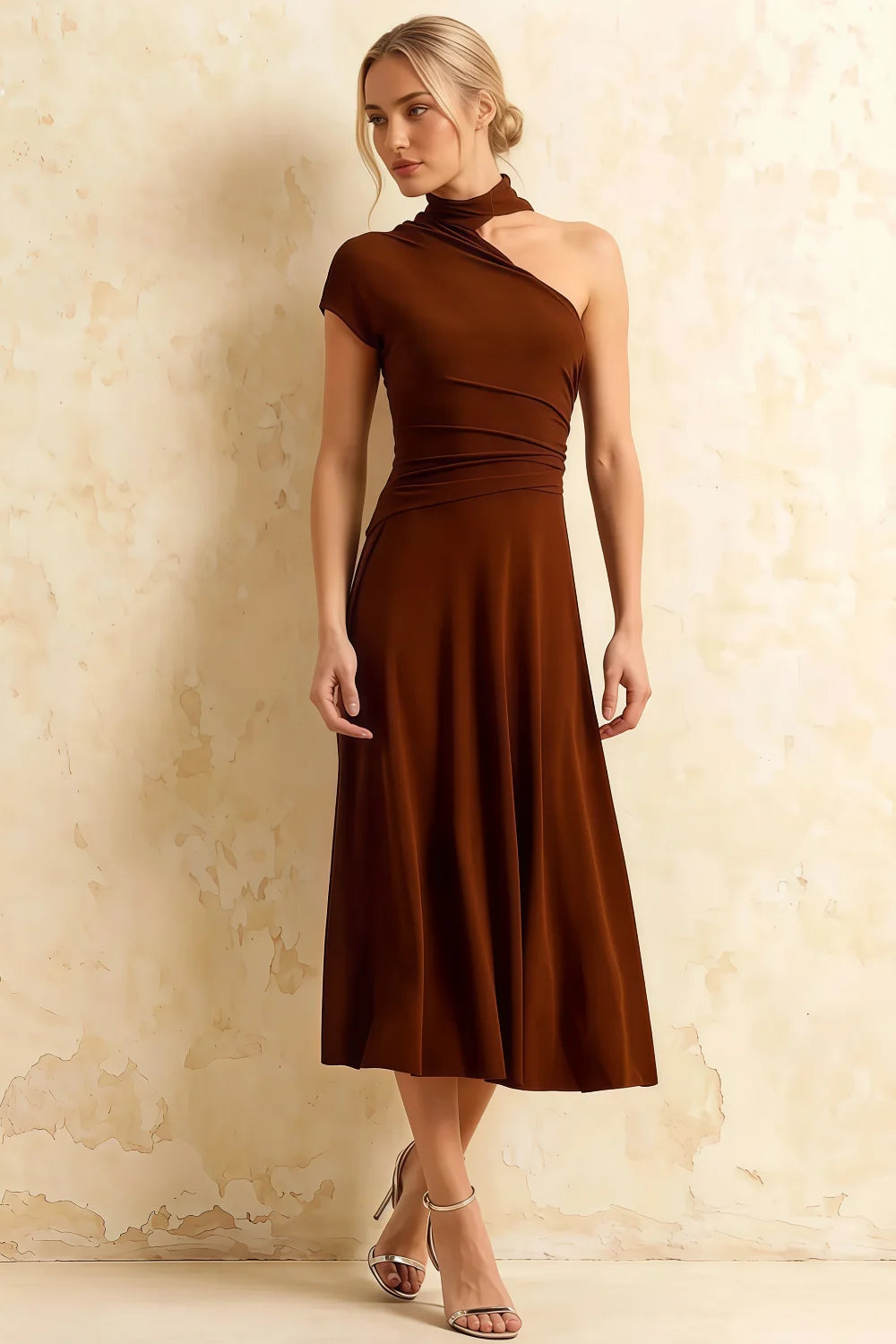 Ida Chocolate Asymmetric Neck Midi Dress with Scarf Detail
