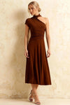 Ida Chocolate Asymmetric Neck Midi Dress with Scarf Detail