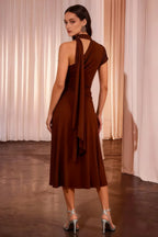 Ida Chocolate Asymmetric Neck Midi Dress with Scarf Detail