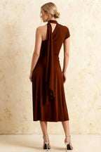 Ida Chocolate Asymmetric Neck Midi Dress with Scarf Detail