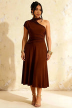 Ida Chocolate Asymmetric Neck Midi Dress with Scarf Detail