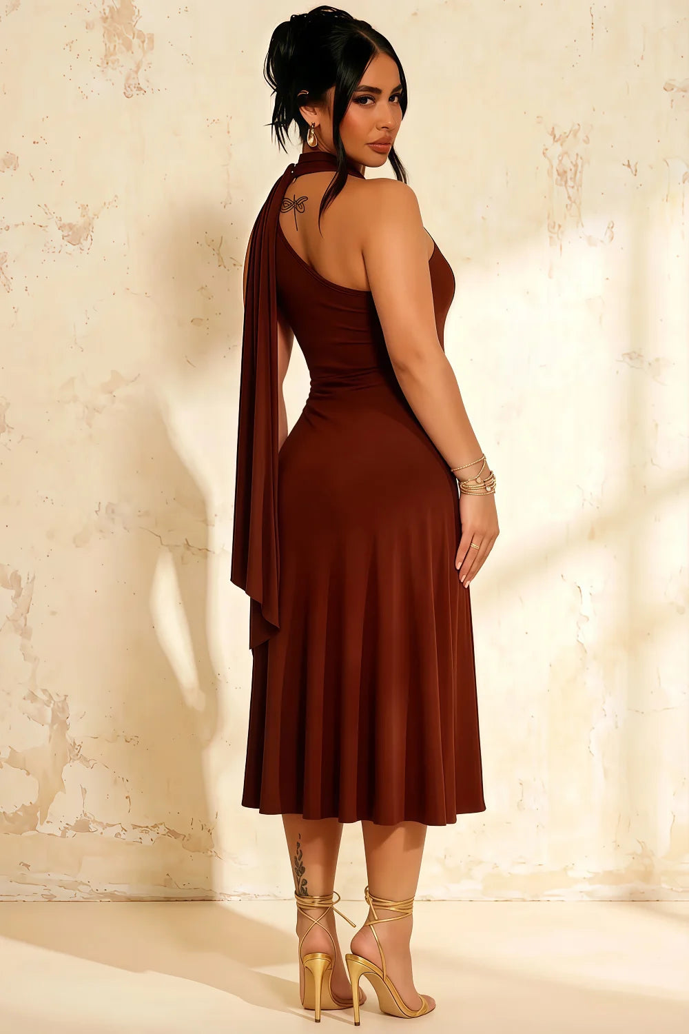 Ida Chocolate Asymmetric Neck Midi Dress with Scarf Detail