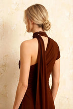 Ida Chocolate Asymmetric Neck Midi Dress with Scarf Detail