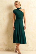 Ida Emerald Green Asymmetric Neck Midi Dress with Scarf Detail