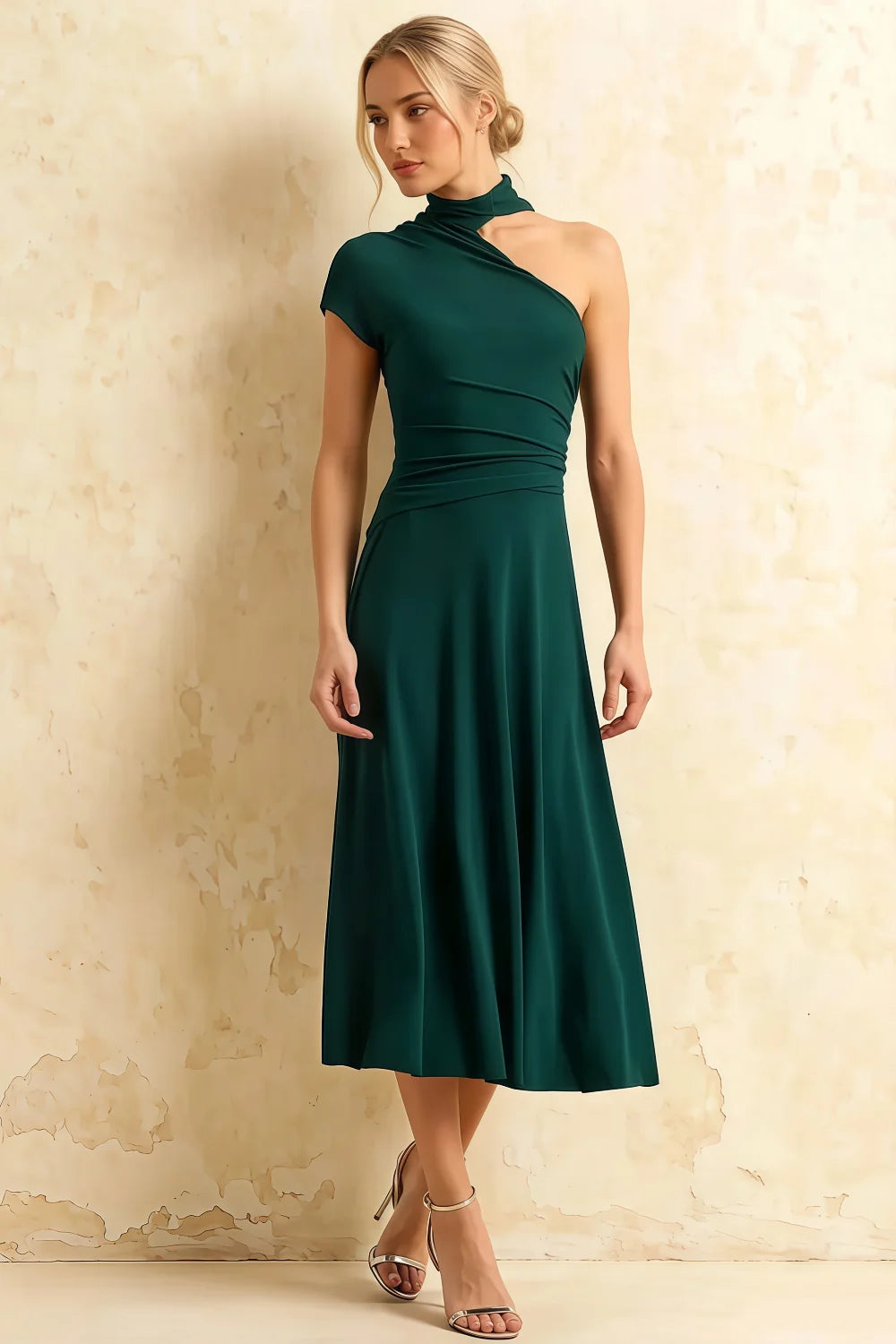 Ida Emerald Green Asymmetric Neck Midi Dress with Scarf Detail