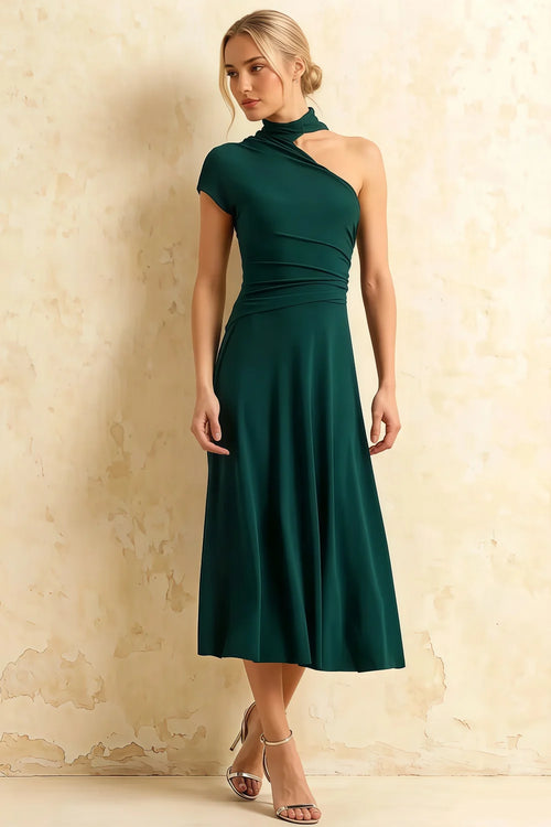 Ida Emerald Green Asymmetric Neck Midi Dress with Scarf Detail
