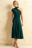 Ida Emerald Green Asymmetric Neck Midi Dress with Scarf Detail