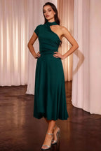 Ida Emerald Green Asymmetric Neck Midi Dress with Scarf Detail