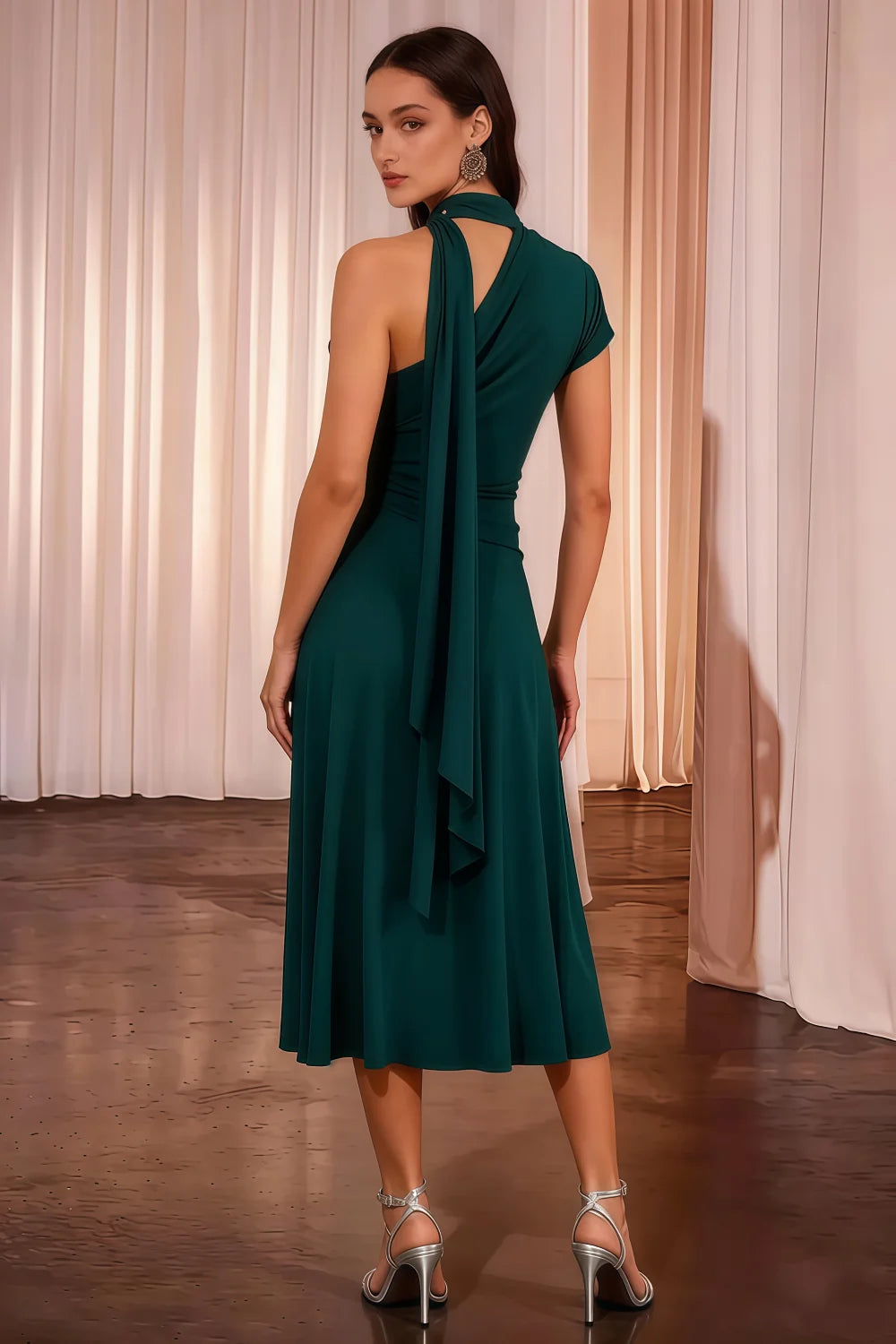 Ida Emerald Green Asymmetric Neck Midi Dress with Scarf Detail
