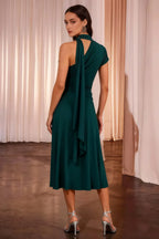 Ida Emerald Green Asymmetric Neck Midi Dress with Scarf Detail