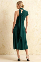 Ida Emerald Green Asymmetric Neck Midi Dress with Scarf Detail