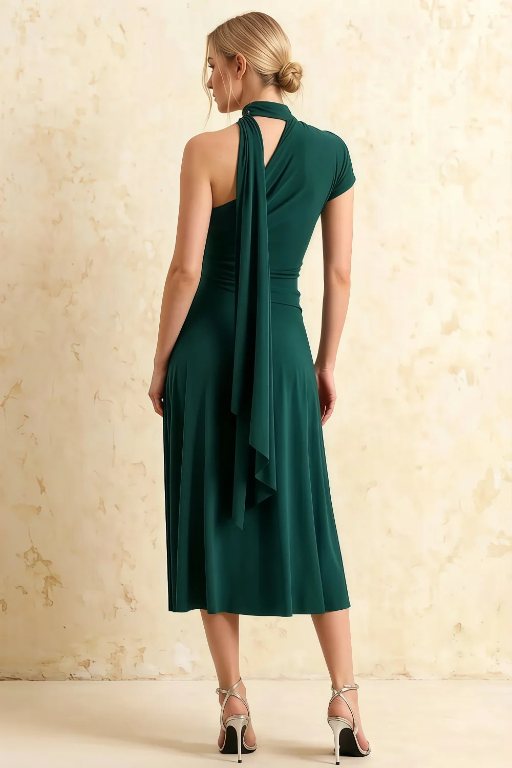 Ida Emerald Green Asymmetric Neck Midi Dress with Scarf Detail