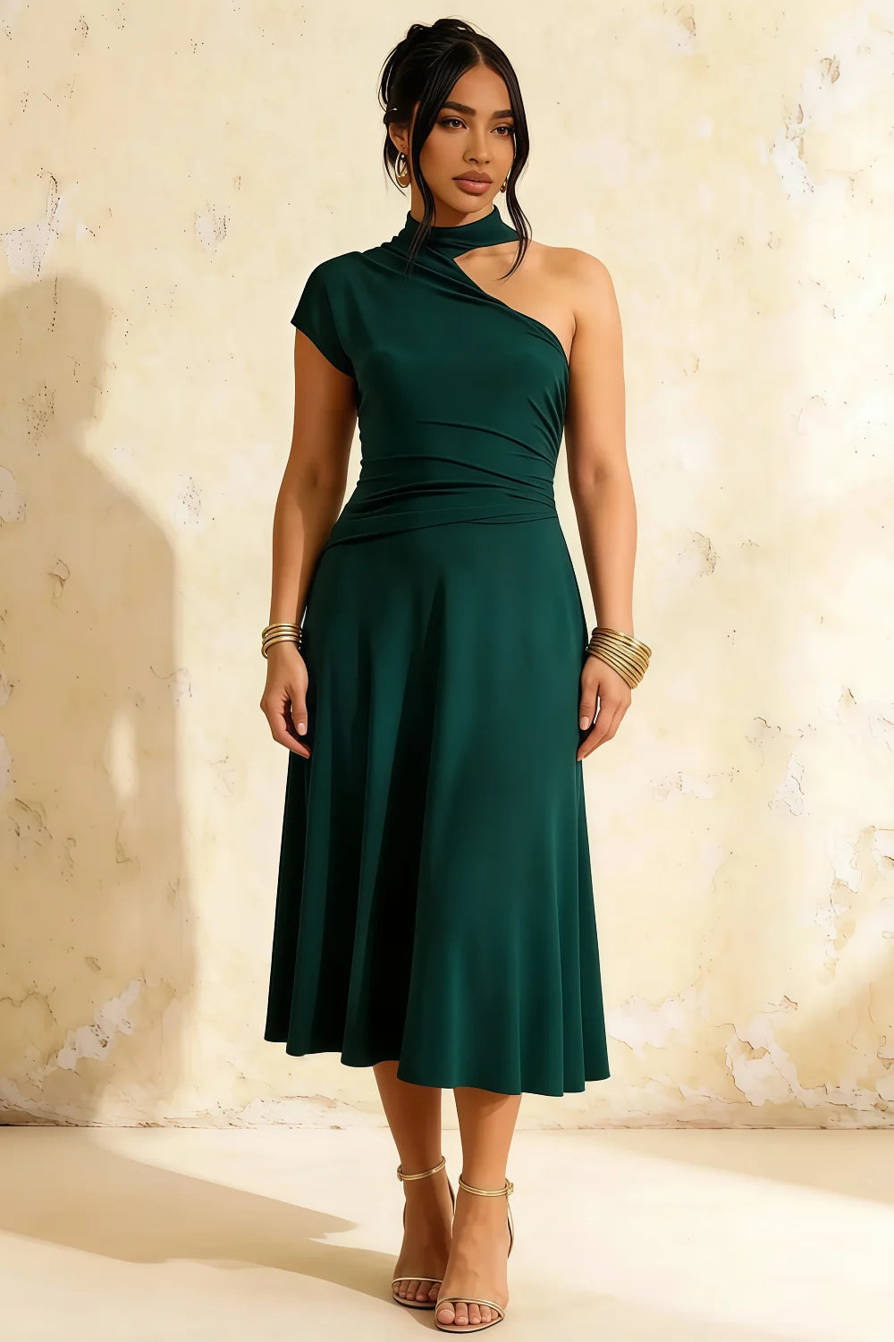 Ida Emerald Green Asymmetric Neck Midi Dress with Scarf Detail