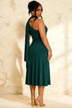 Ida Emerald Green Asymmetric Neck Midi Dress with Scarf Detail