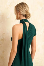 Ida Emerald Green Asymmetric Neck Midi Dress with Scarf Detail