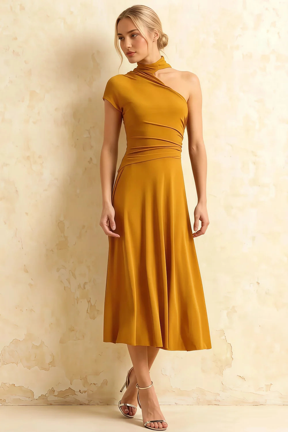 Ida Gold Asymmetric Neck Midi Dress with Scarf Detail Main image