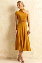 Ida Gold Asymmetric Neck Midi Dress with Scarf Detail