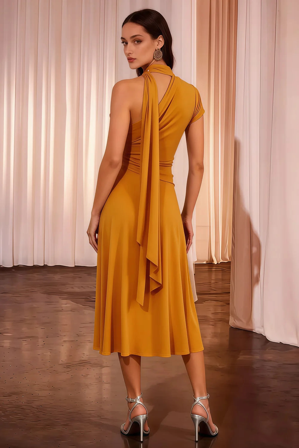 Ida Gold Asymmetric Neck Midi Dress with Scarf Detail