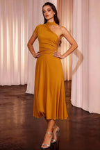 Ida Gold Asymmetric Neck Midi Dress with Scarf Detail